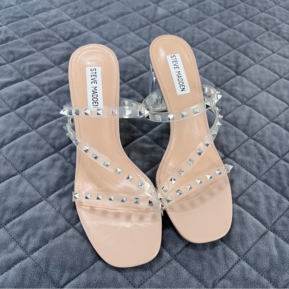 Steve Madden Nude Clear Studded Block Heel Sandals - Picture 3 of 10